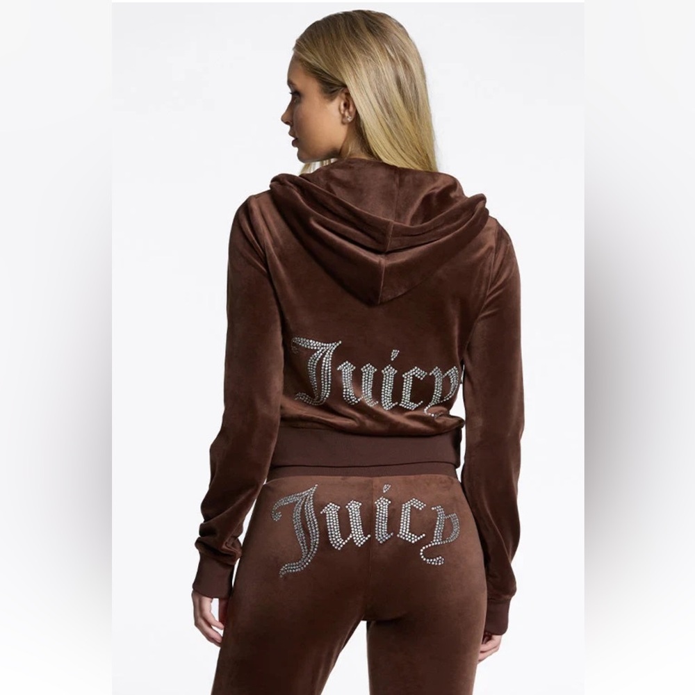 NEW! JUICY COUTURE Velour OG Bling Tracksuit Hoodie & Pant Set Brown Sugar S